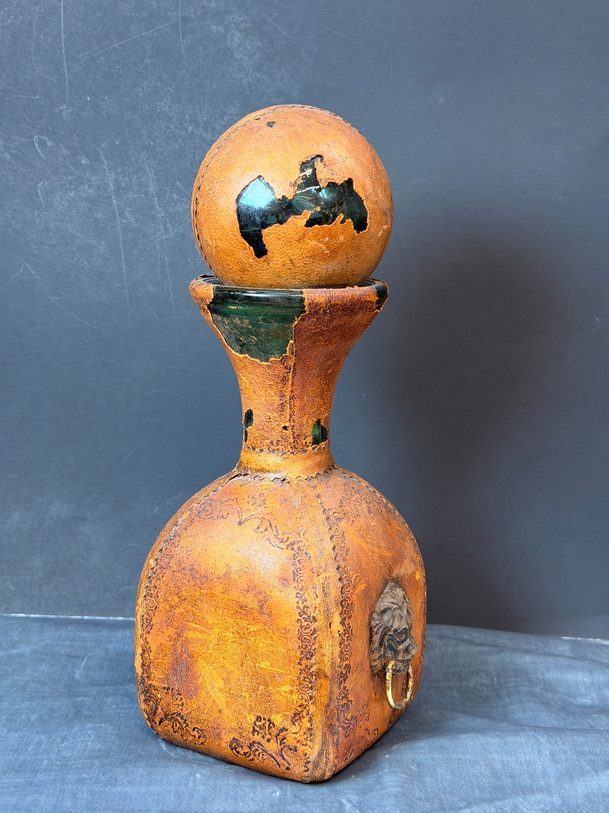 Vintage Mid-Century Italian Leather-Wrapped Green Glass Decanter – Gothic Florentine Style with Brass Lion Head