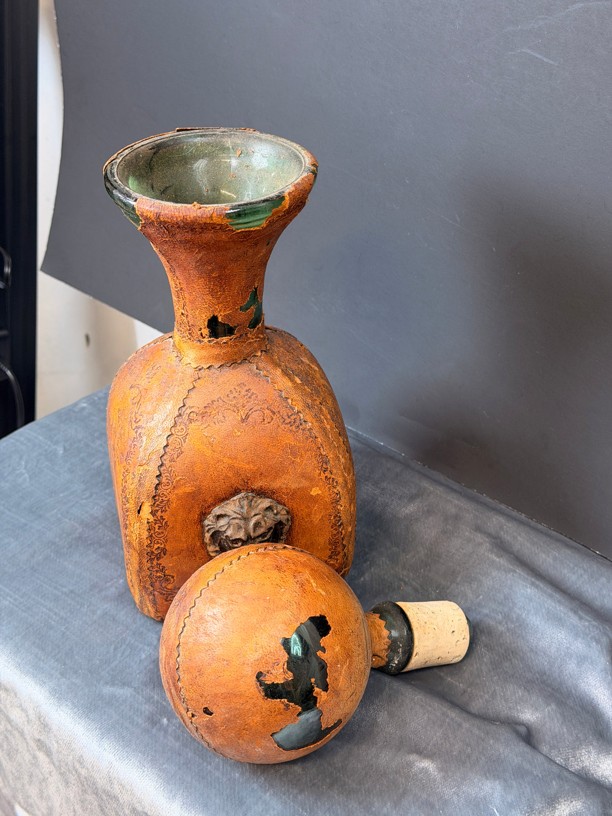 Vintage Mid-Century Italian Leather-Wrapped Green Glass Decanter – Gothic Florentine Style with Brass Lion Head