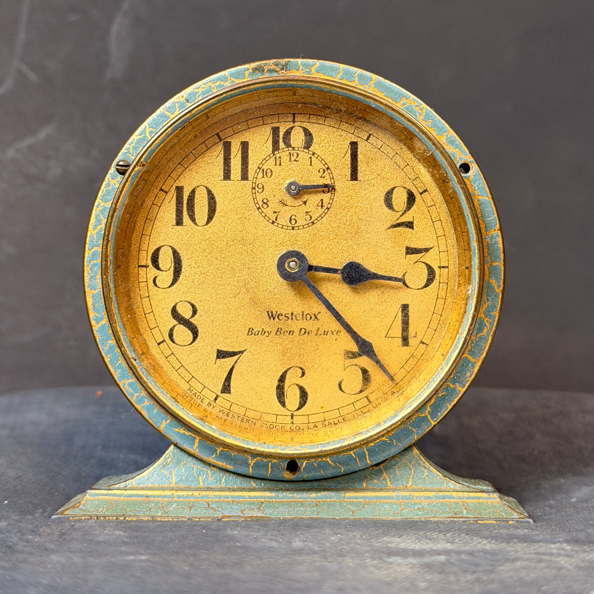 Antique 1927 Baby Ben Deluxe Mechanical Blue Crackle Alarm Clock