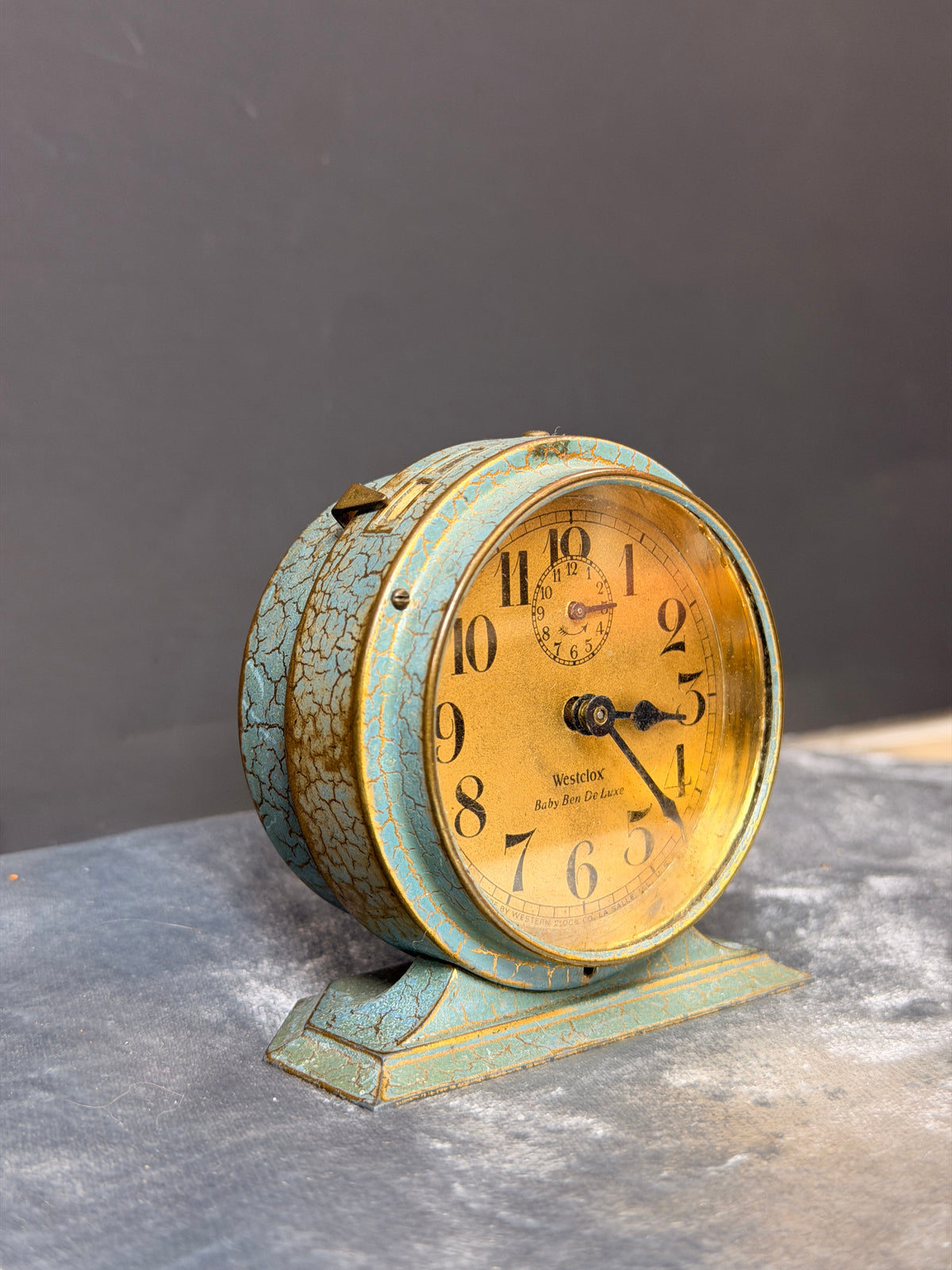 Antique 1927 Baby Ben Deluxe Mechanical Blue Crackle Alarm Clock