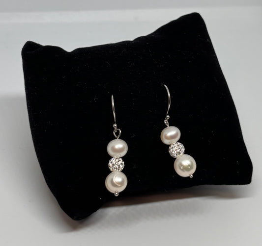 Sterling Silver Pearl & Crystal Dangle Earings - Elegant White Pearl Drop