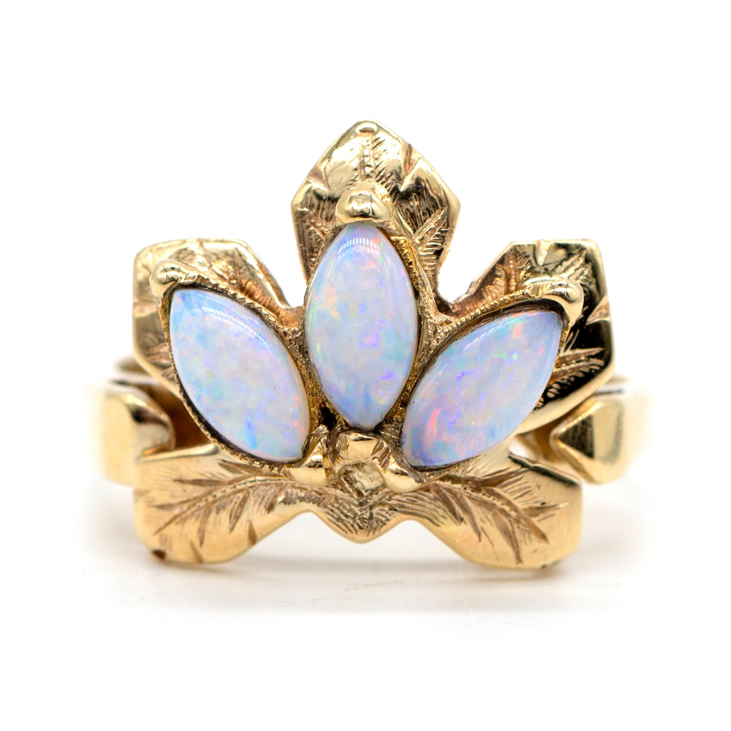 14K Yellow Gold .75ctw Aussie Opal Marquise Maple Leaf Ring