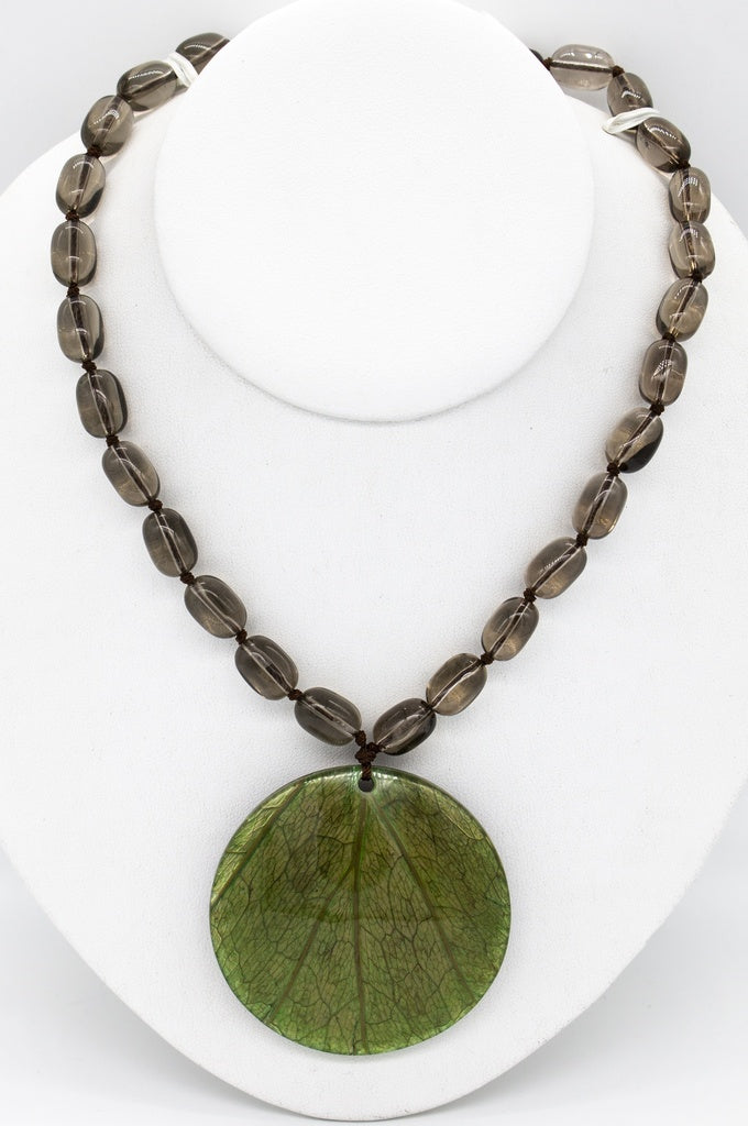 Ssilver Smokey Topaz Crystal Bead Real Leaf Necklace