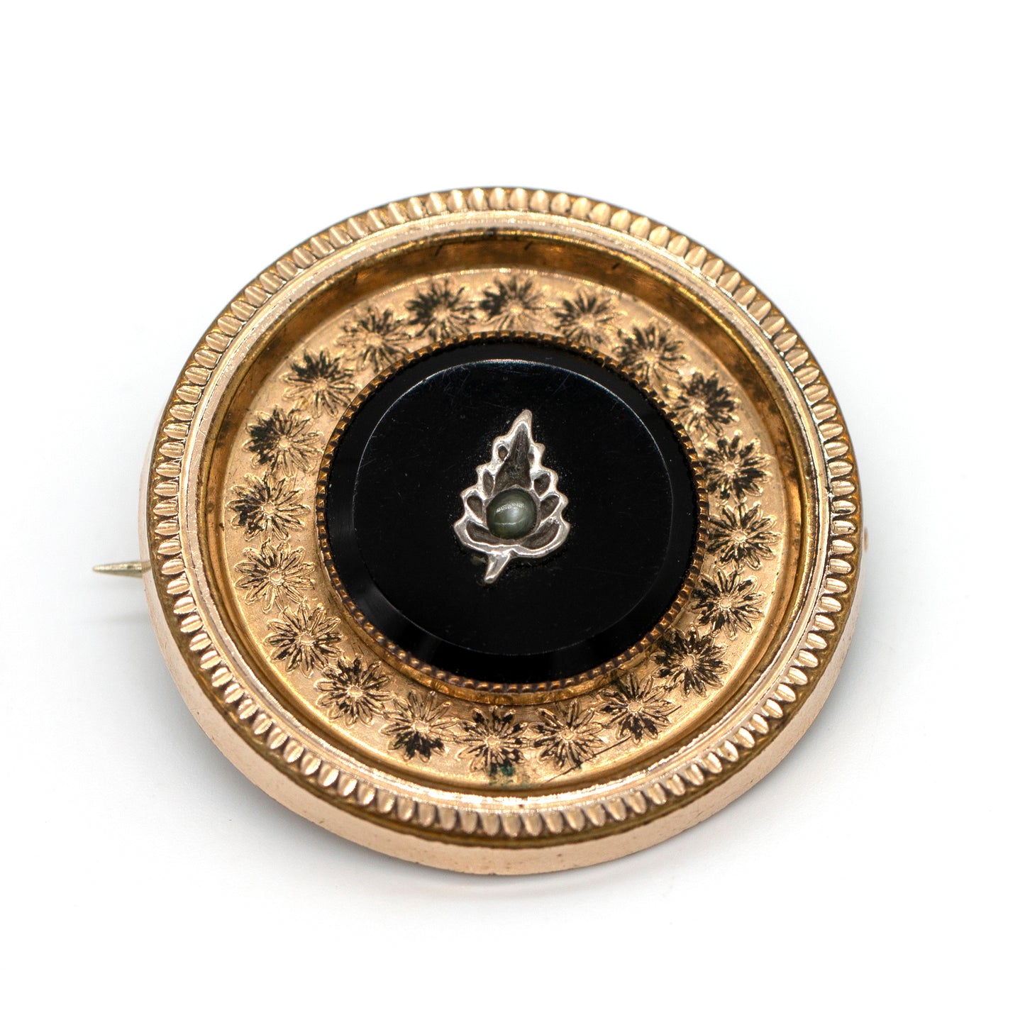 Antique Gold Filled Victorian Black Jet Seed Pearl Mourning Brooch