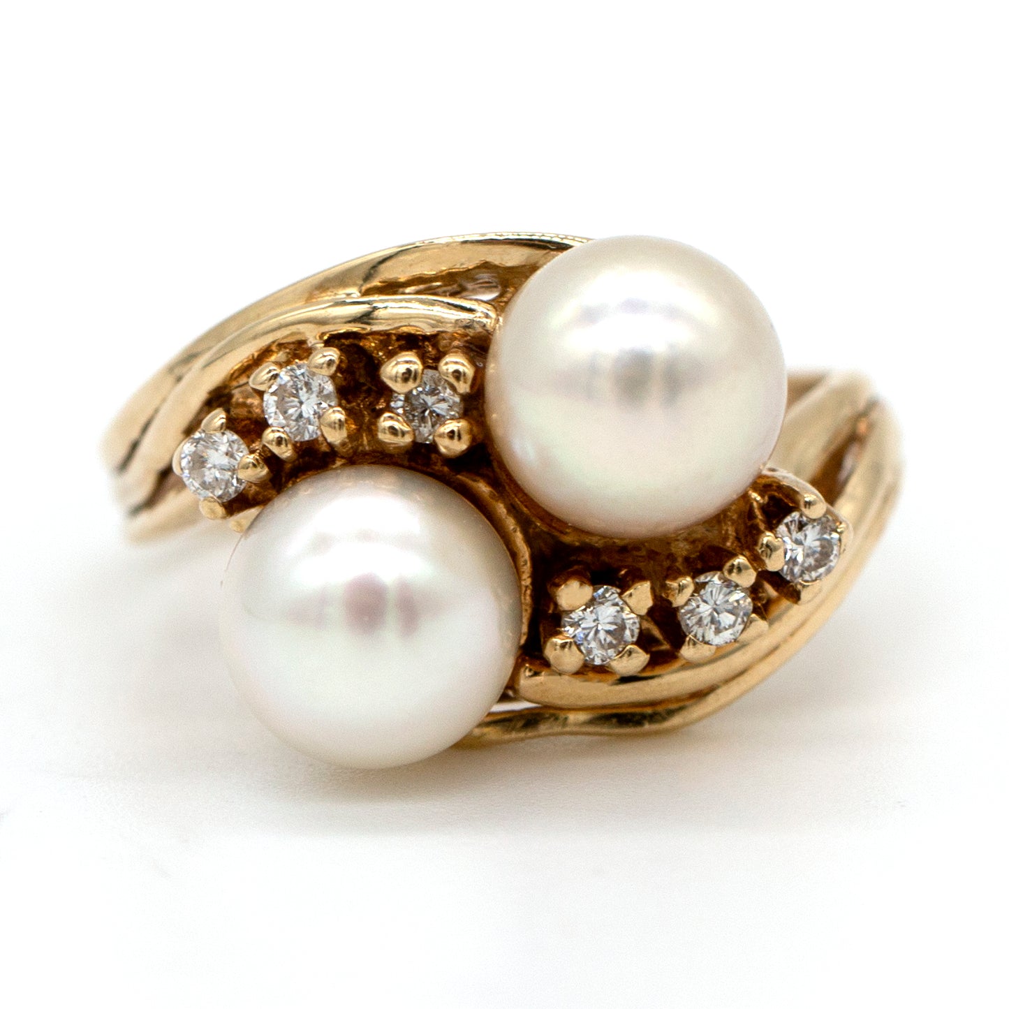 14K Yellow Gold 6.6mm Dual Pearls .10ctw Diamond Rd Ribbed Bypass Band Ring
