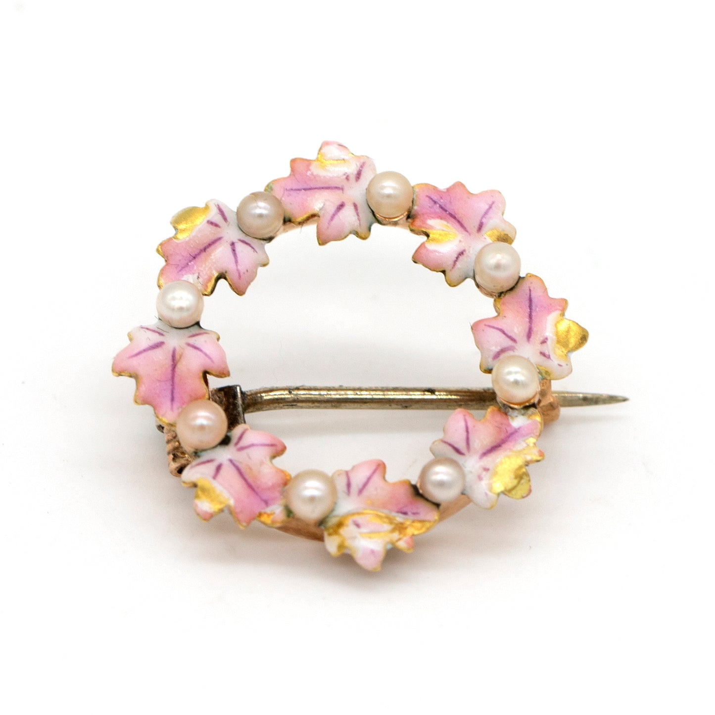 Antique 14K Gold Seed Pearl Petal Pink & White Enamel Ivy Leaf Wreath Pin