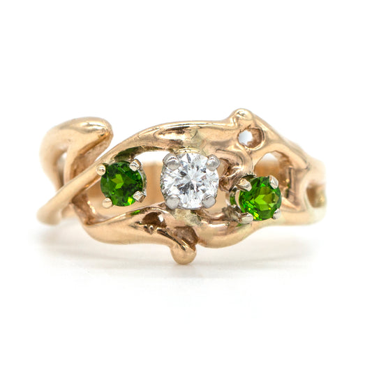 Vintage 14KY .23ct Diamond Solitaire .33ctw Green Tsavorite Ring