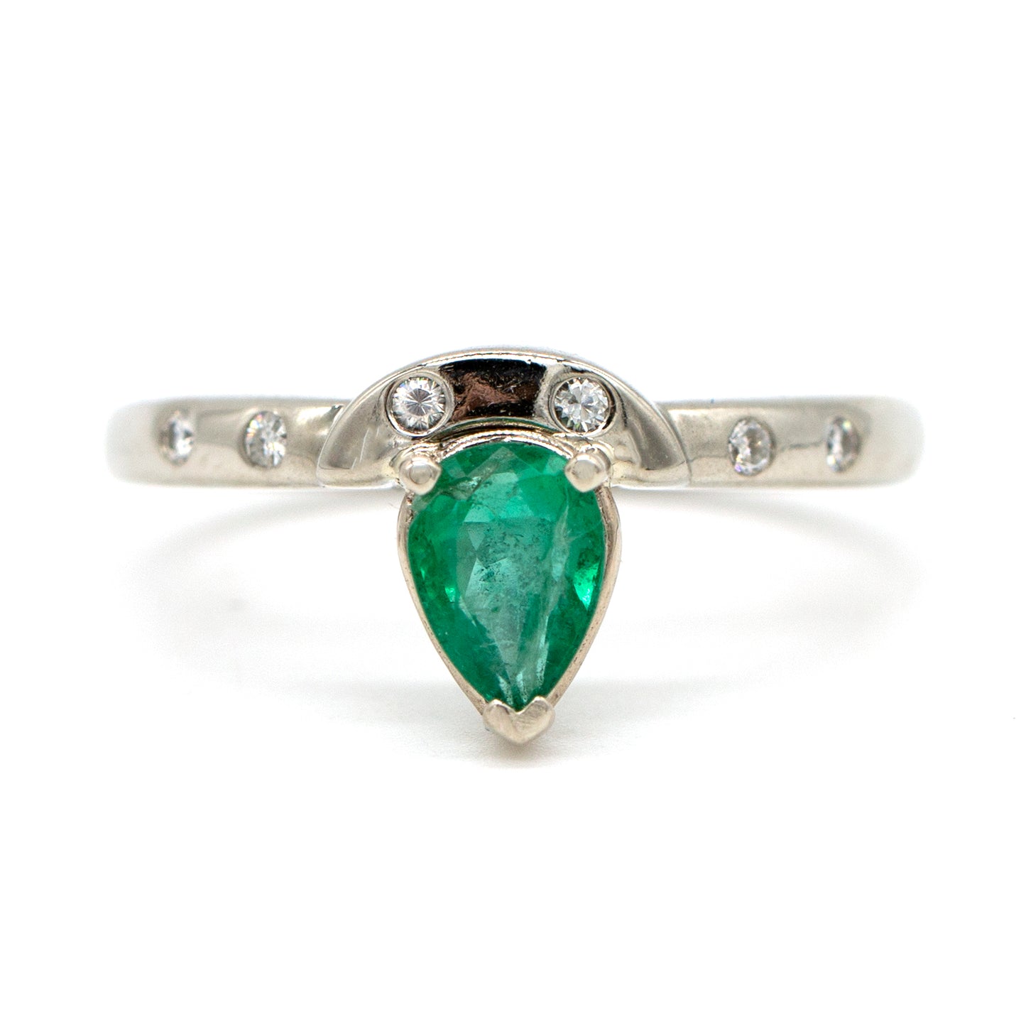 14KW .78ct Emerald Pear .36ctw Dia Rd Gypsy Set Band Ring