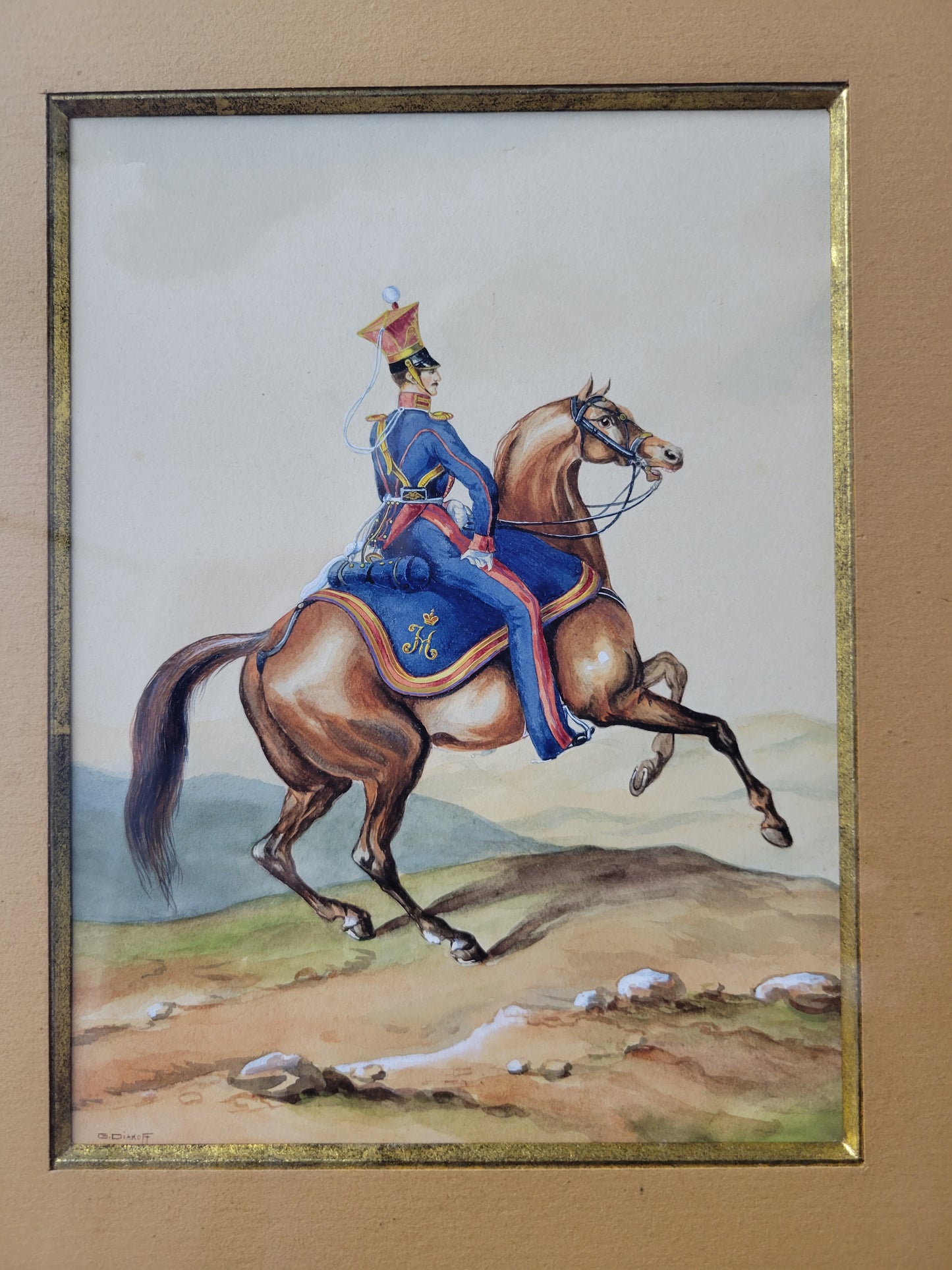 Emperor Nicholas II on Horseback WC Painting signed G. Diakoff
