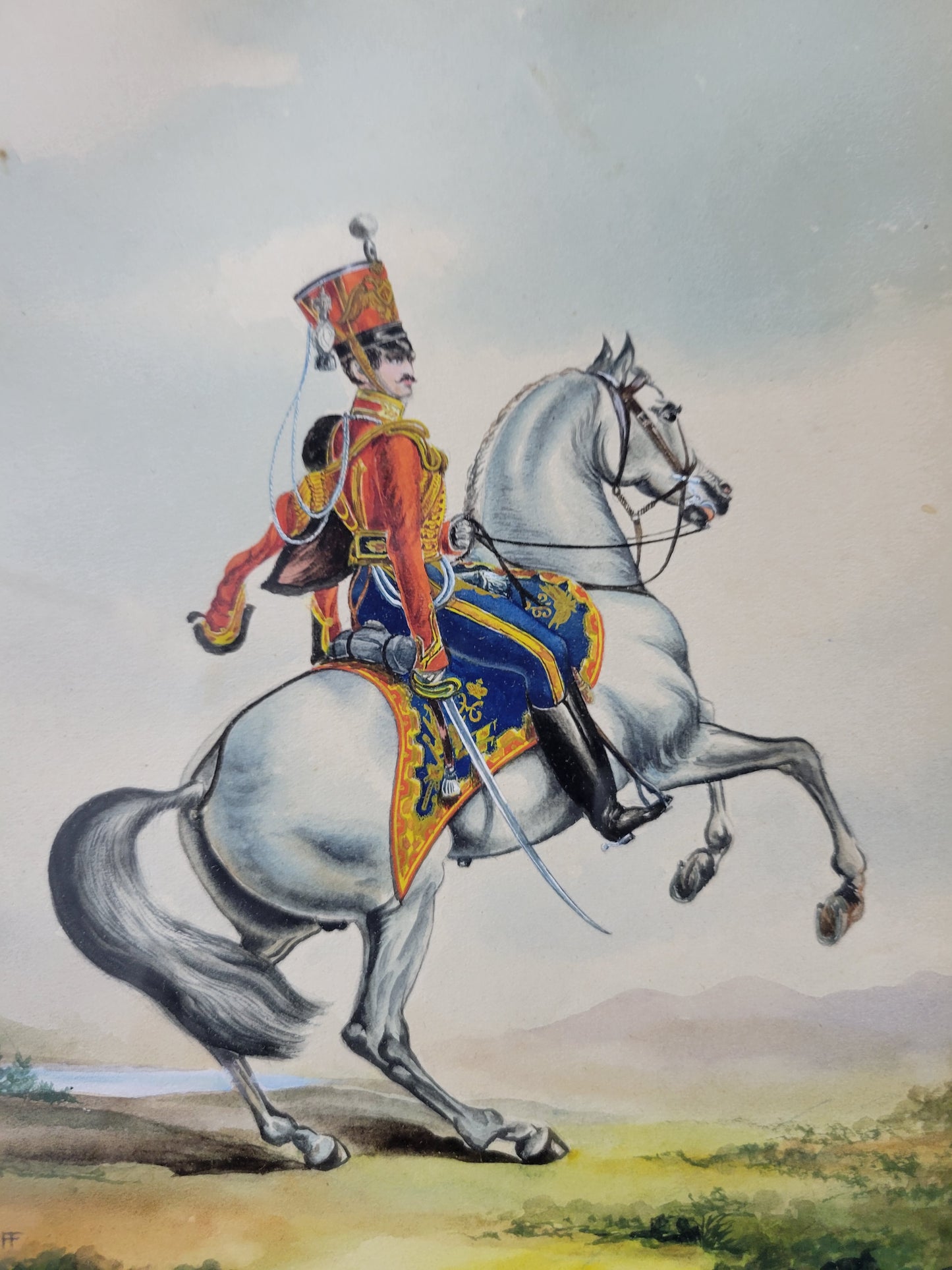 Emperor Nicholas II on Horseback WC Painting signed G. Diakoff