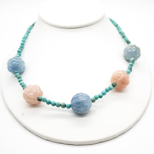 SSilver Beautiful 5 Round 20MM Carved Beryl & Magnesite Turquoise Beads Necklace