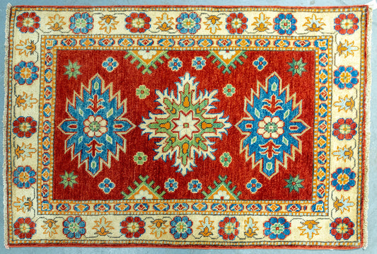 Red, Blue, Green and Cream Kazak Rug 4x2.8