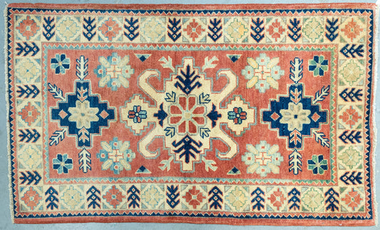 Red, Blue and Cream Kazak Rug 4.5x2.8