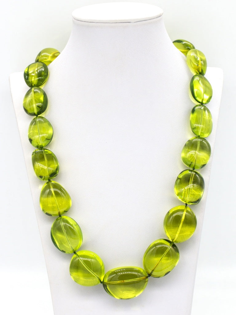 Handmade Massive Olive Bead Green Baltic Amber Opera Length Necklace