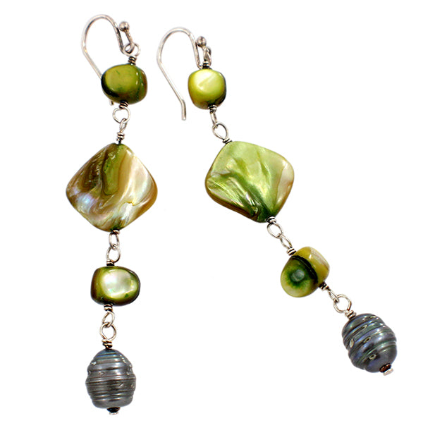 SSilver FW Green Pearl & MOP Dangling Earrings